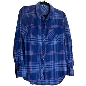 Orvis Shirt Women's Medium Blue Stretch Plaid Long Sleeve Classic Button-Up